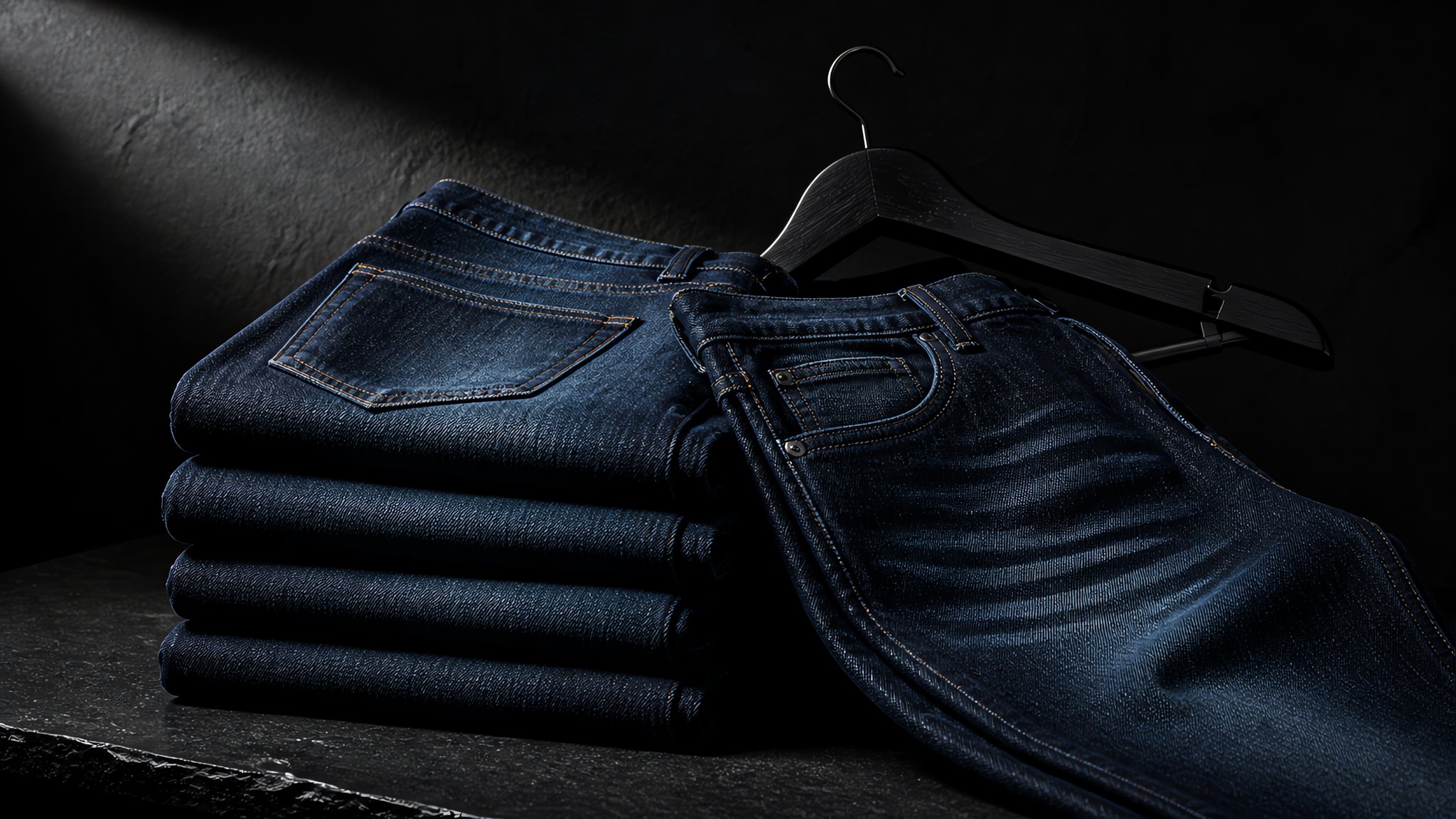 Stack of neatly folded indigo jeans beside a wooden hanger on a light surface with a tailor's measuring tape