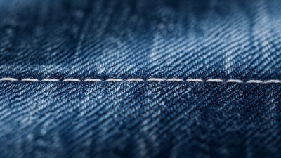 A neatly folded stack of indigo jeans on a wooden hanger, draped with a tailor's measuring tape against a soft natural light