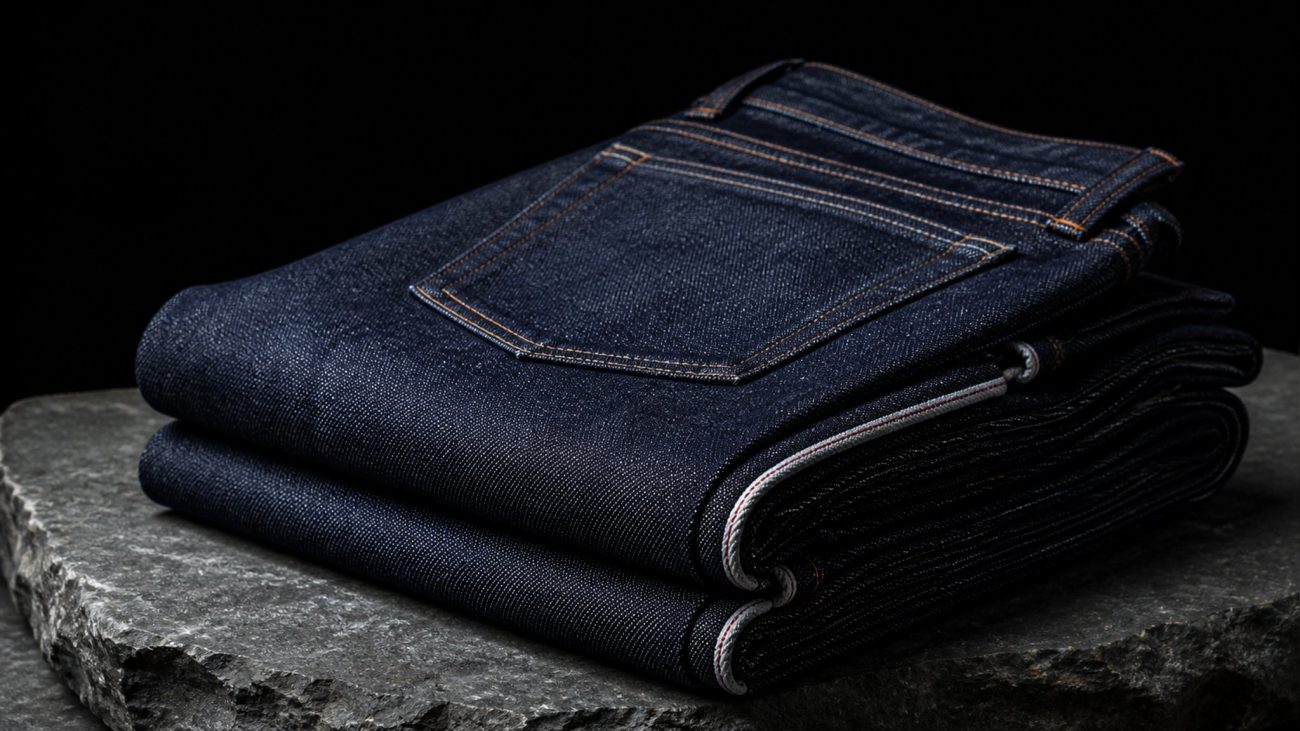 Stack of indigo jeans on a wooden shelf, soft daylight, minimalist eco studio setting with a tailor's measuring tape draped n
