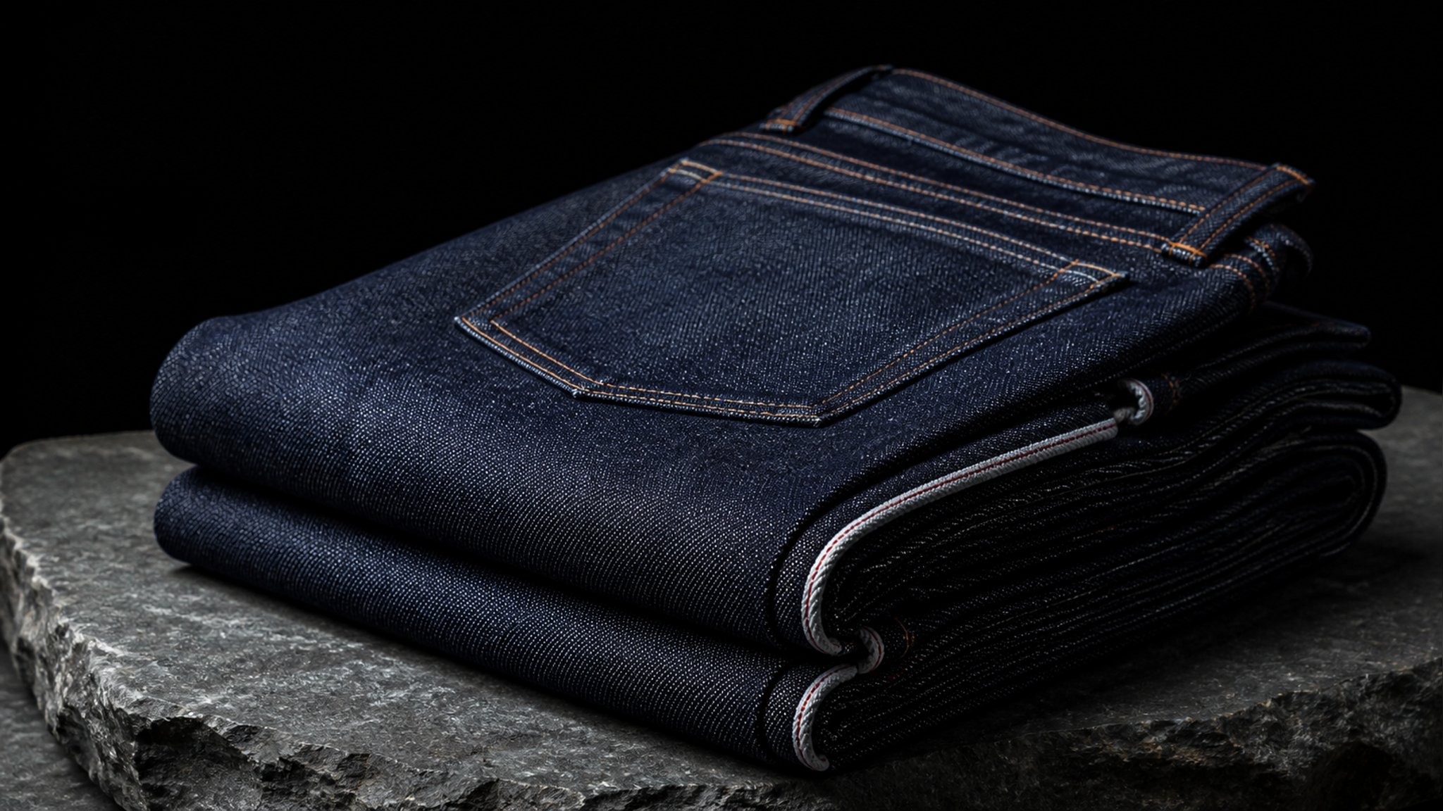 Stack of indigo jeans on a wooden shelf, soft daylight, minimalist eco studio setting with a tailor's measuring tape draped n