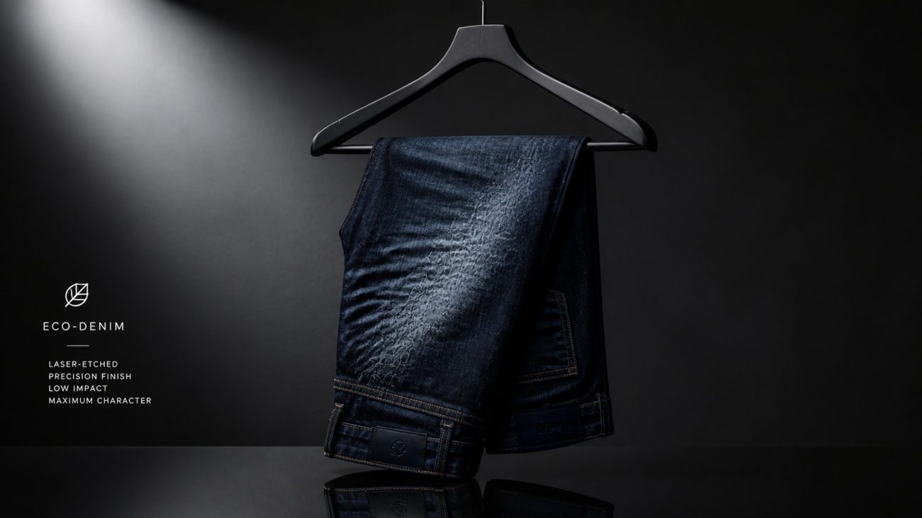 A stack of indigo jeans beside a wooden hanger on a sunlit table with a tailor's measuring tape coiled nearby