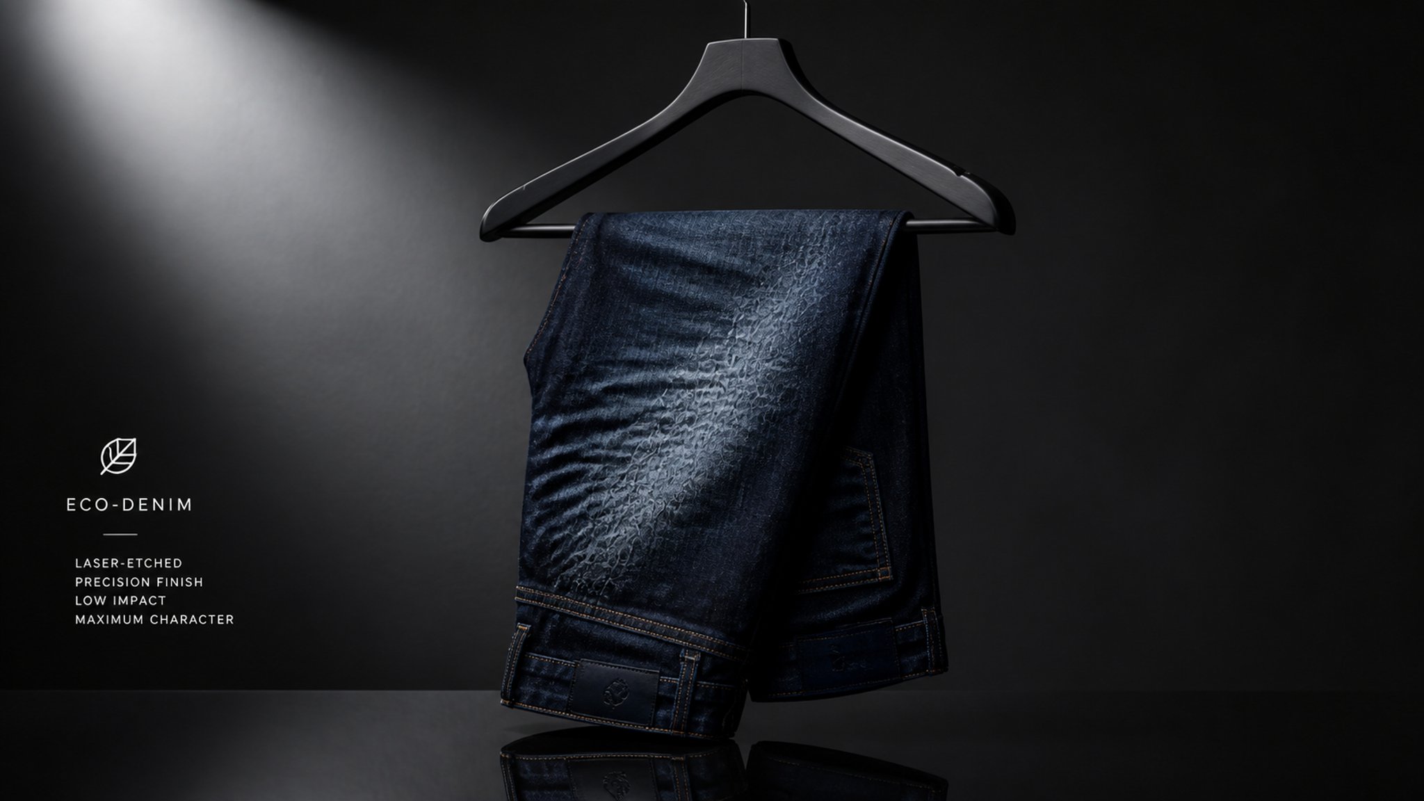 A stack of indigo jeans beside a wooden hanger on a sunlit table with a tailor's measuring tape coiled nearby