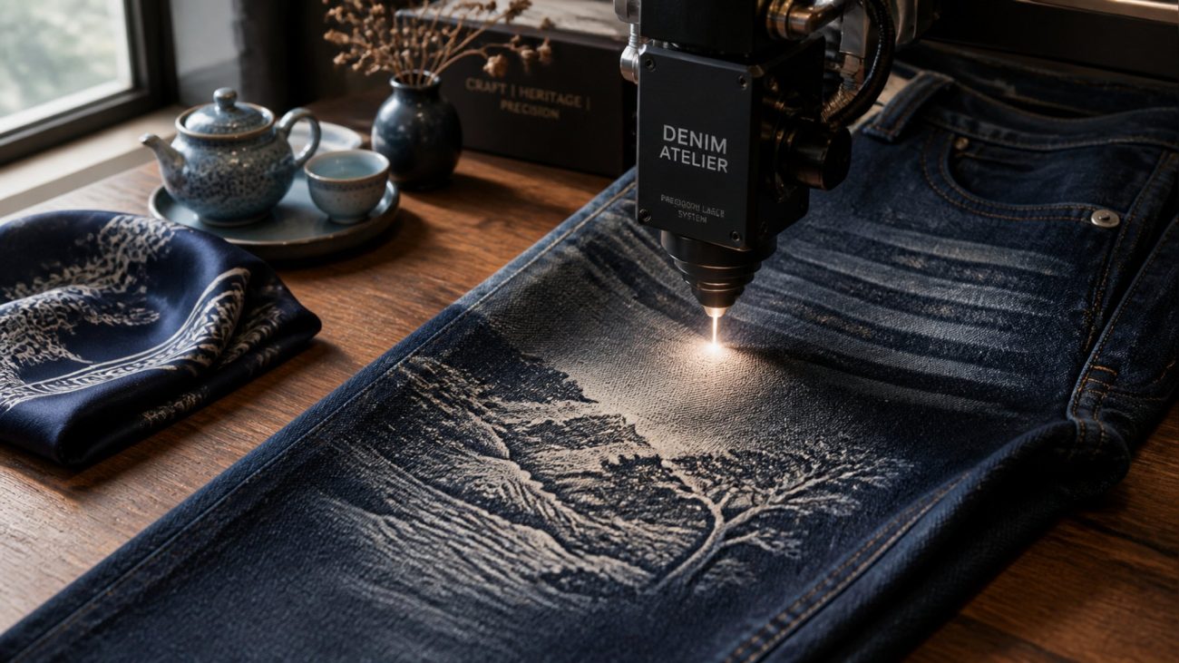 Stack of indigo jeans beside a wooden hanger and tailor tape on light surface in soft daylight