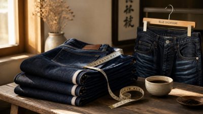 Stack of folded indigo jeans on a wooden table with a tailor's measuring tape draped beside them