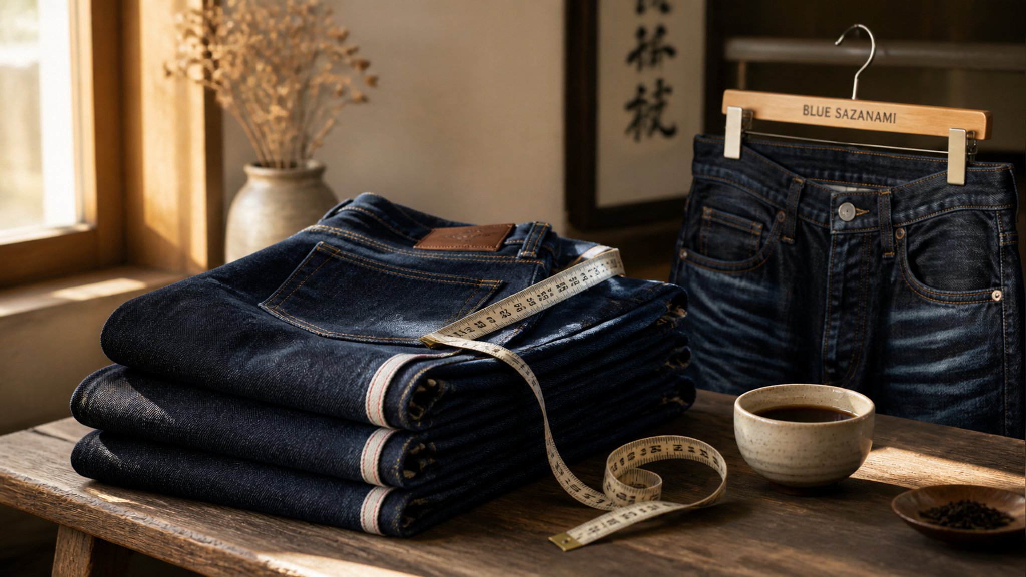 Stack of folded indigo jeans on a wooden table with a tailor's measuring tape draped beside them
