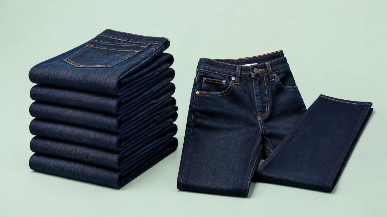 Stack of indigo jeans neatly folded beside a pair hanging on a wooden hanger with a tailor's measuring tape