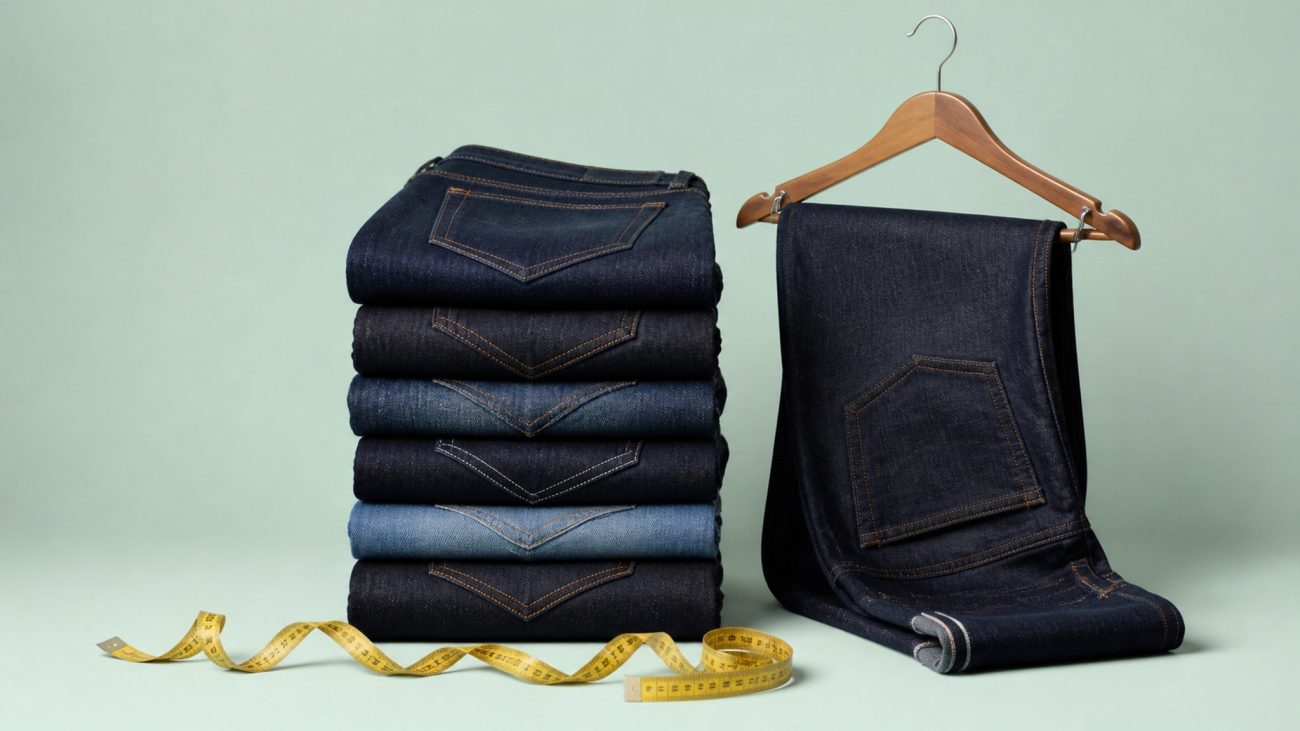Neatly folded stack of indigo denim jeans on a wooden table beside a tailor's measuring tape in soft natural light