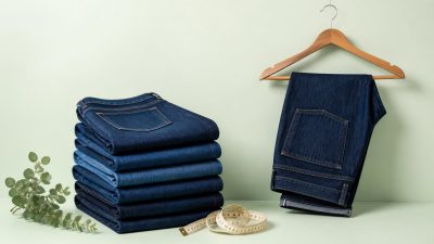Stack of indigo jeans on wooden hanger beside tailor tape in soft light