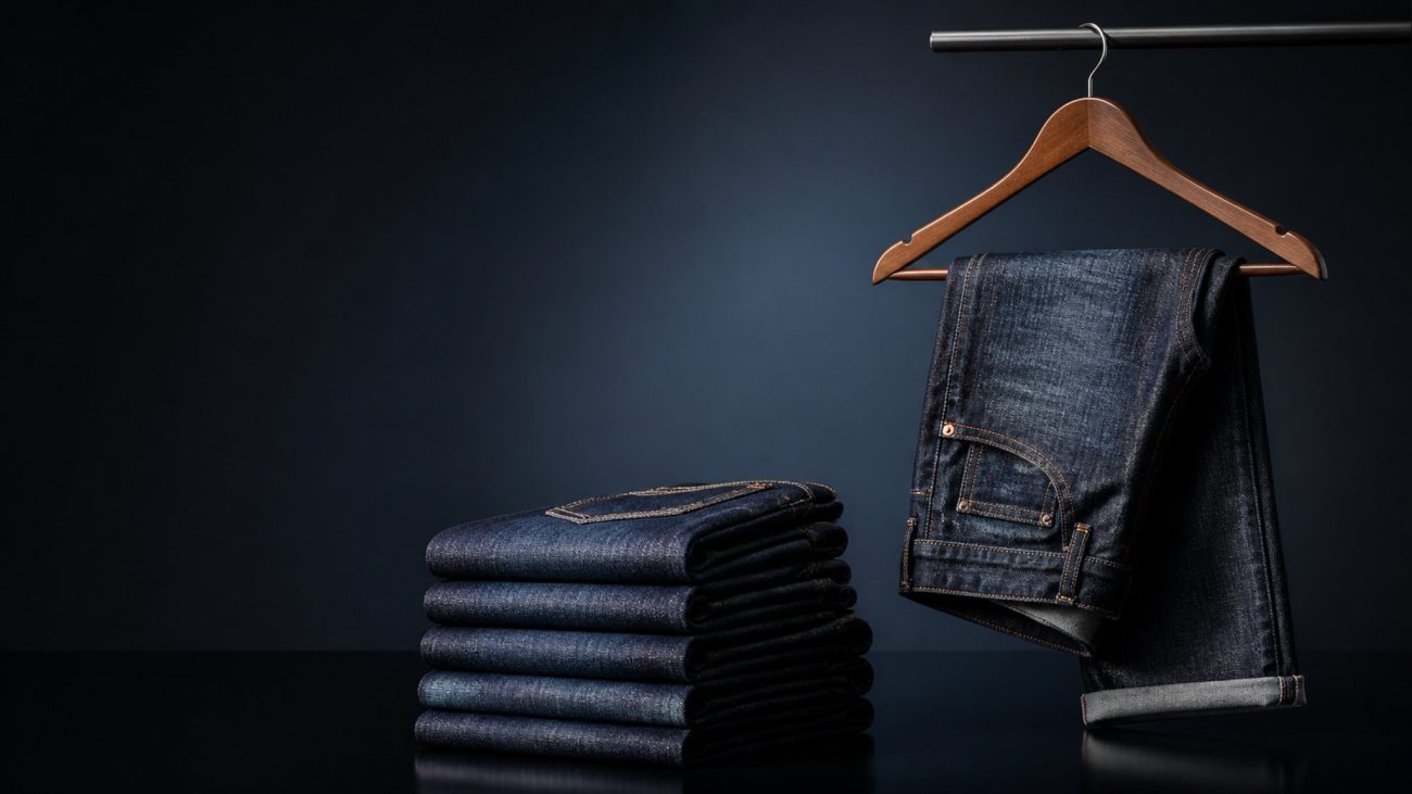 Stack of indigo jeans on a wooden table beside a tailor's measuring tape in soft natural light