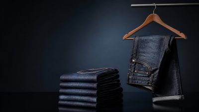 Stack of indigo jeans on a wooden table beside a tailor's measuring tape in soft natural light