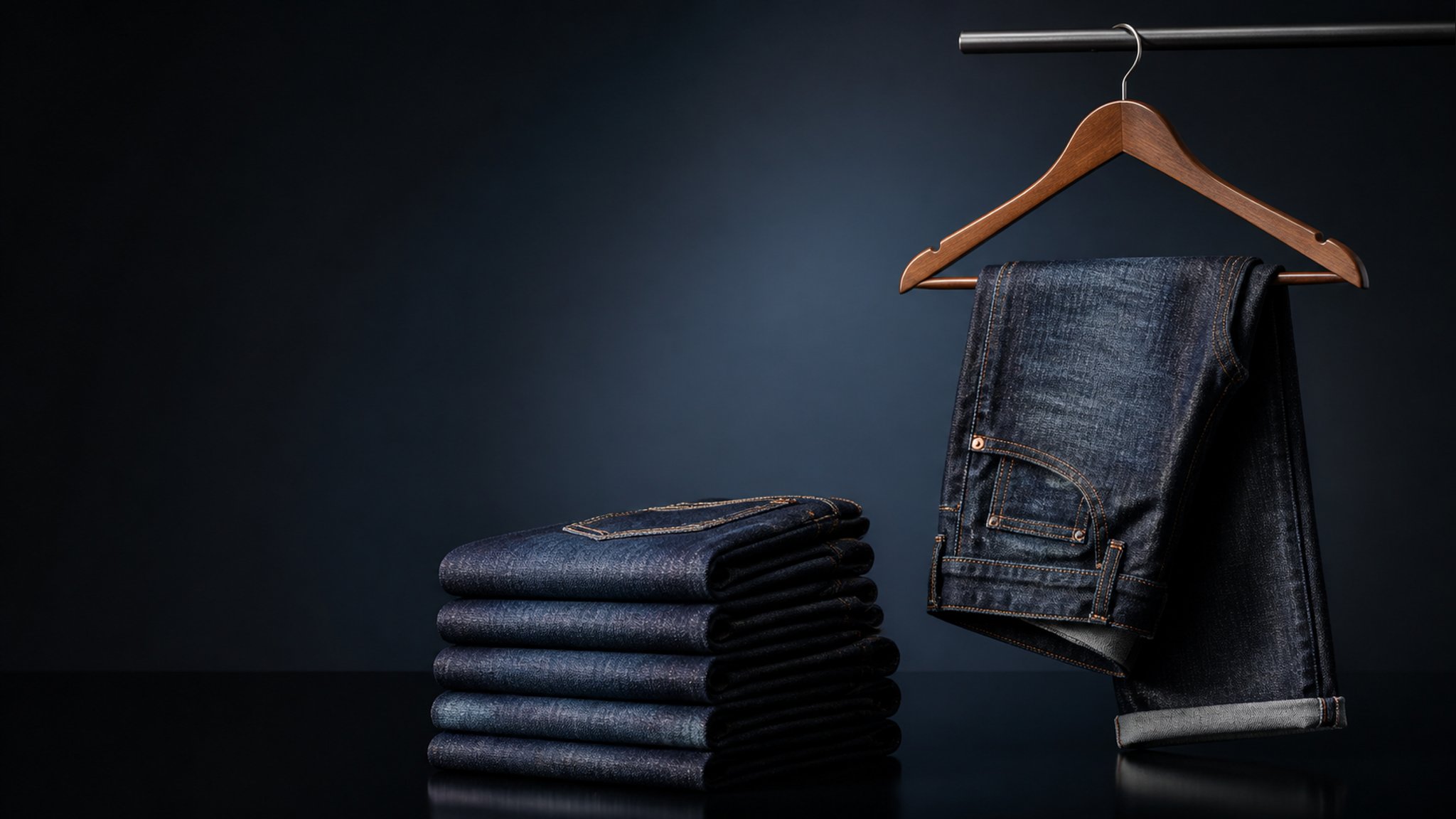 Stack of indigo jeans on a wooden table beside a tailor's measuring tape in soft natural light