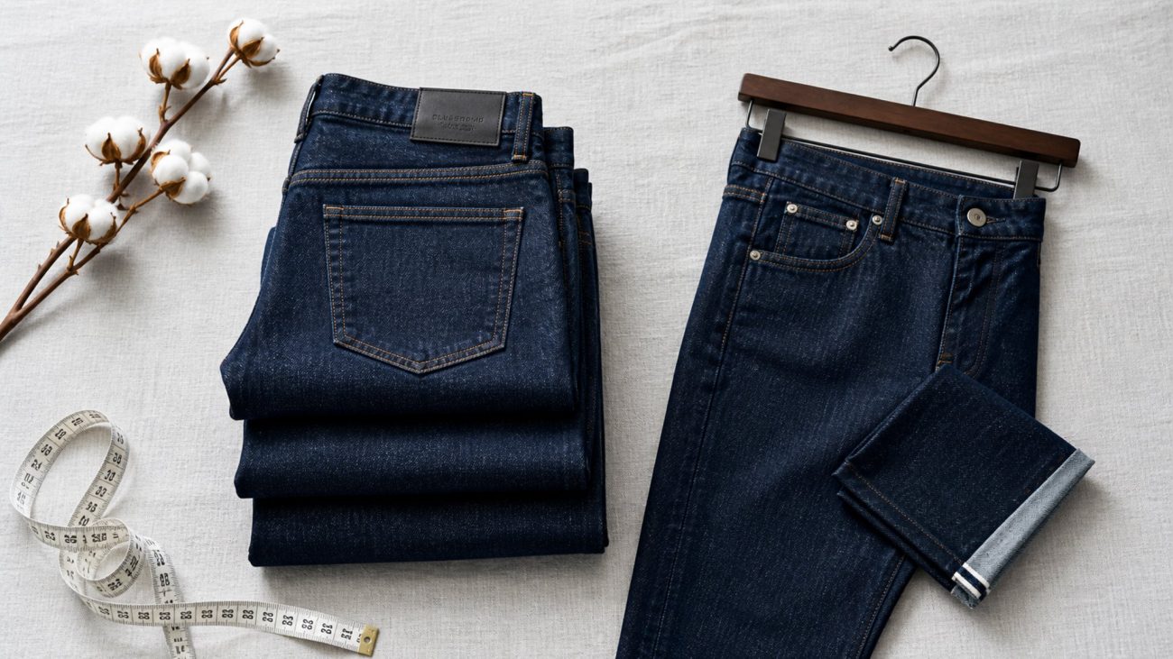 Neatly folded stack of indigo jeans beside a wooden hanger and tailor tape on a pale surface in soft natural light