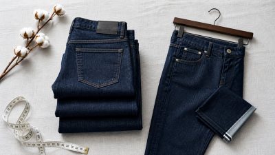 Neatly folded stack of indigo jeans beside a wooden hanger and tailor tape on a pale surface in soft natural light