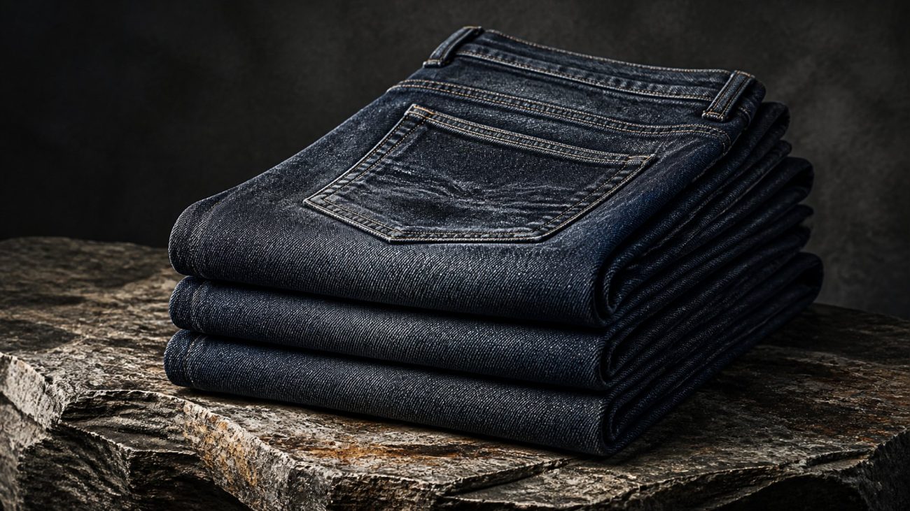 A neatly folded stack of indigo jeans beside a wooden hanger and tailor tape in soft natural light, minimalist and muted