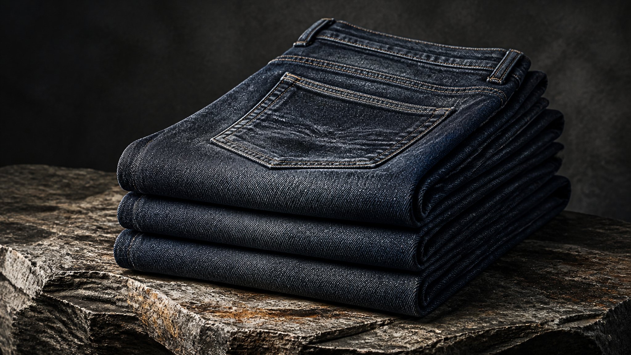 A neatly folded stack of indigo jeans beside a wooden hanger and tailor tape in soft natural light, minimalist and muted