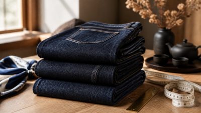 Stack of folded indigo jeans on a wooden shelf with a tailor tape measure draped over them in soft natural light