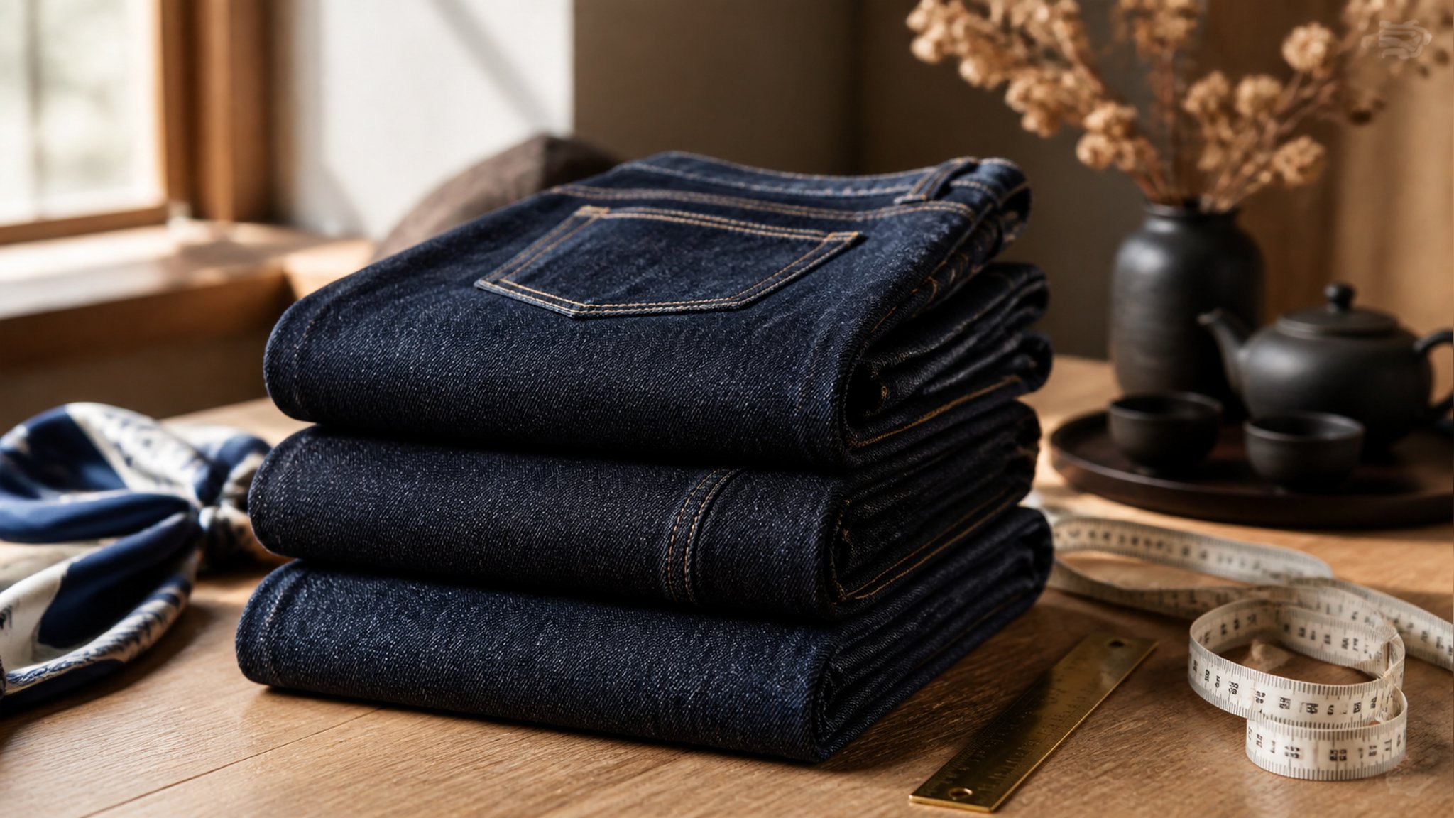Stack of folded indigo jeans on a wooden shelf with a tailor tape measure draped over them in soft natural light