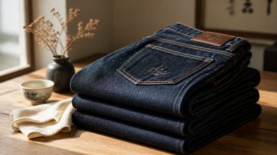Stack of indigo jeans on wooden hanger beside tailor tape in soft light