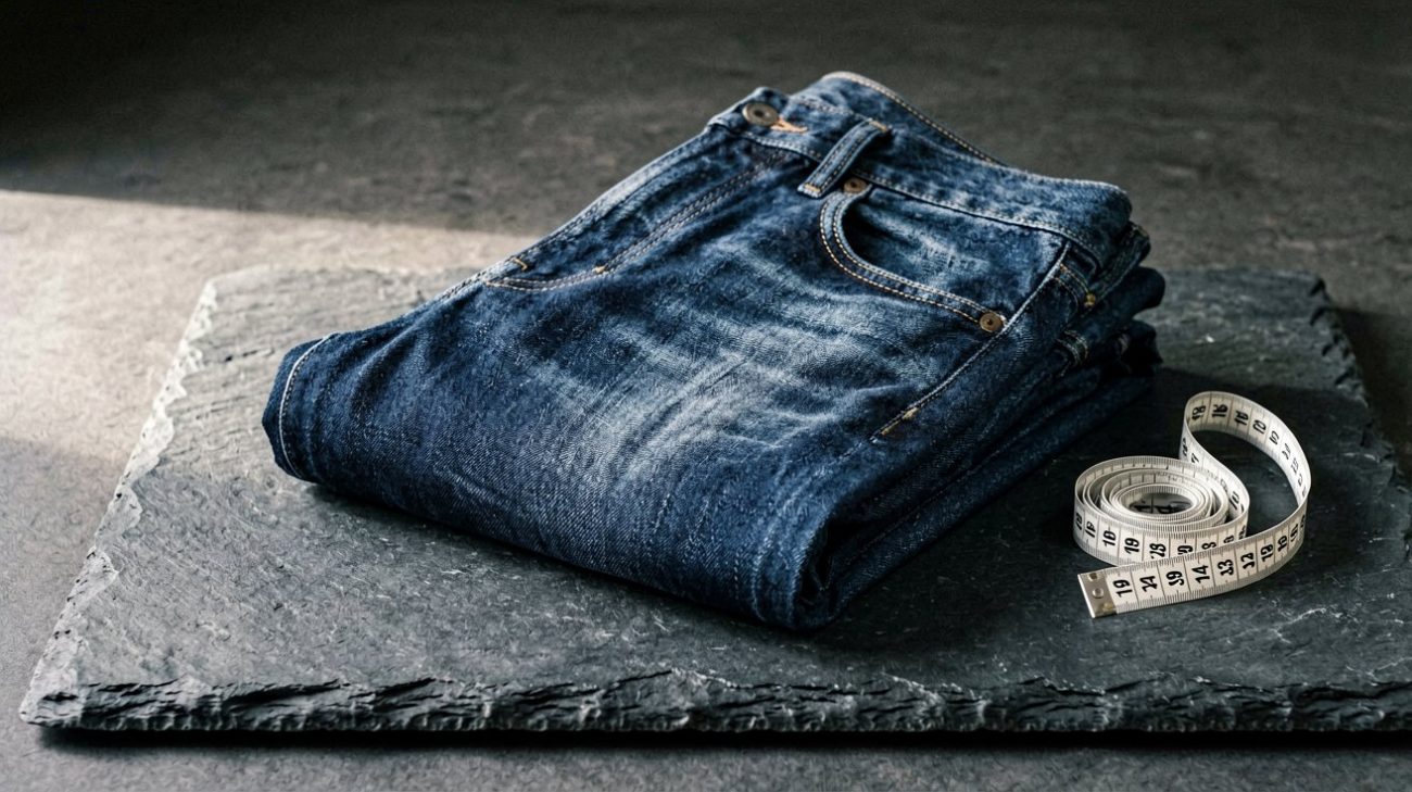A stack of indigo jeans beside a wooden hanger and measuring tape on a clean white surface in soft natural light