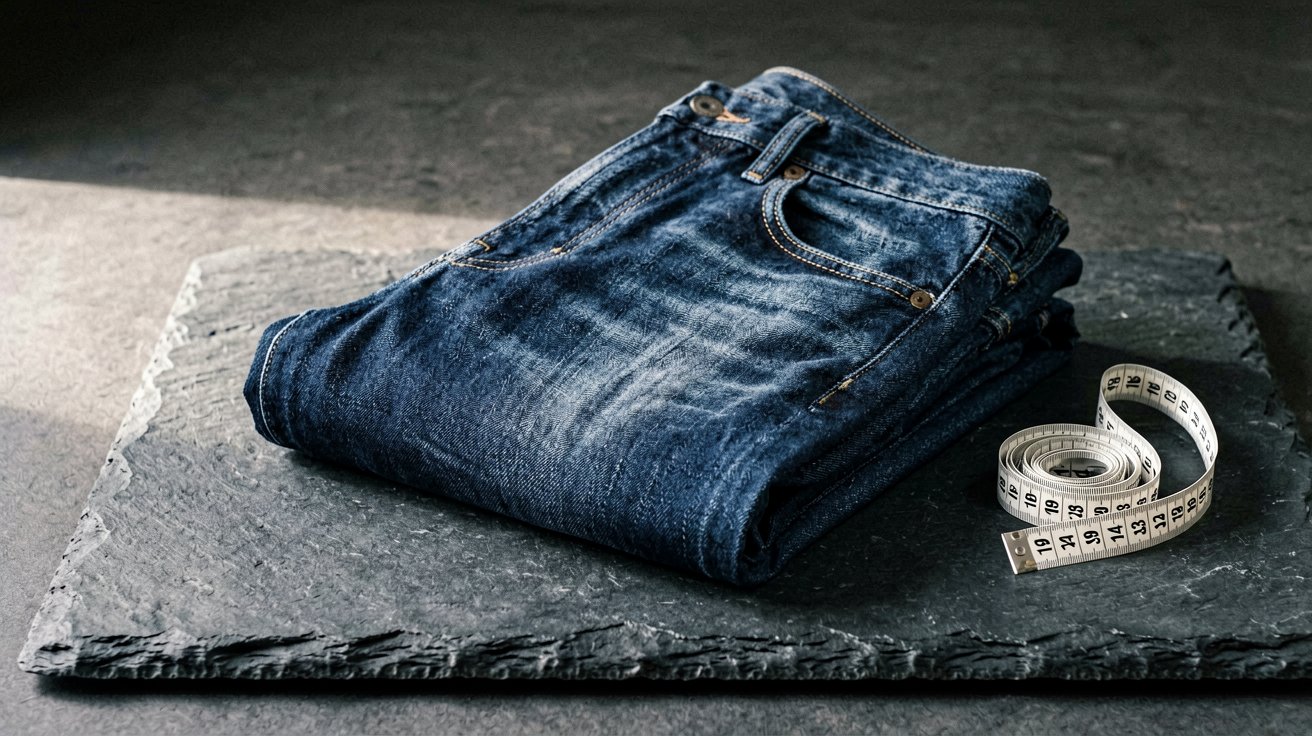 A stack of indigo jeans beside a wooden hanger and measuring tape on a clean white surface in soft natural light