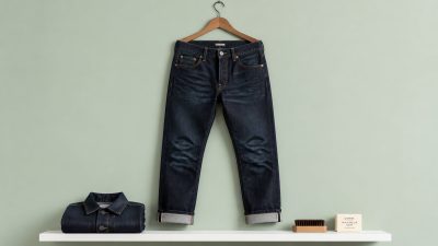 Pair of raw indigo jeans air-drying on a clothesline in soft natural light against a plain white wall