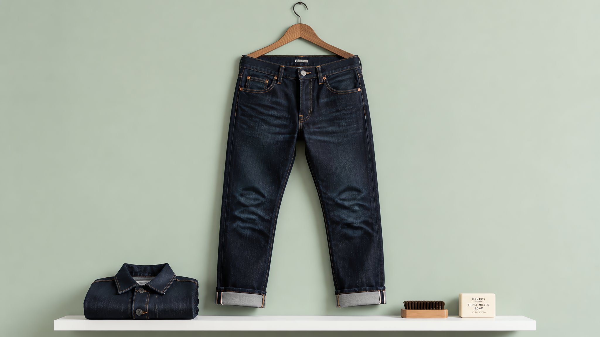 Pair of raw indigo jeans air-drying on a clothesline in soft natural light against a plain white wall