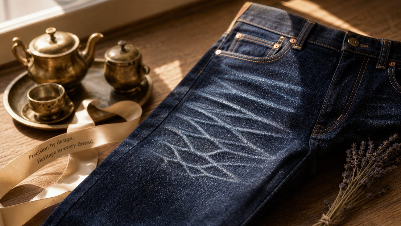 A stack of indigo jeans, one hanging on a wooden hanger, beside a tailor's measuring tape on a light surface in soft natural