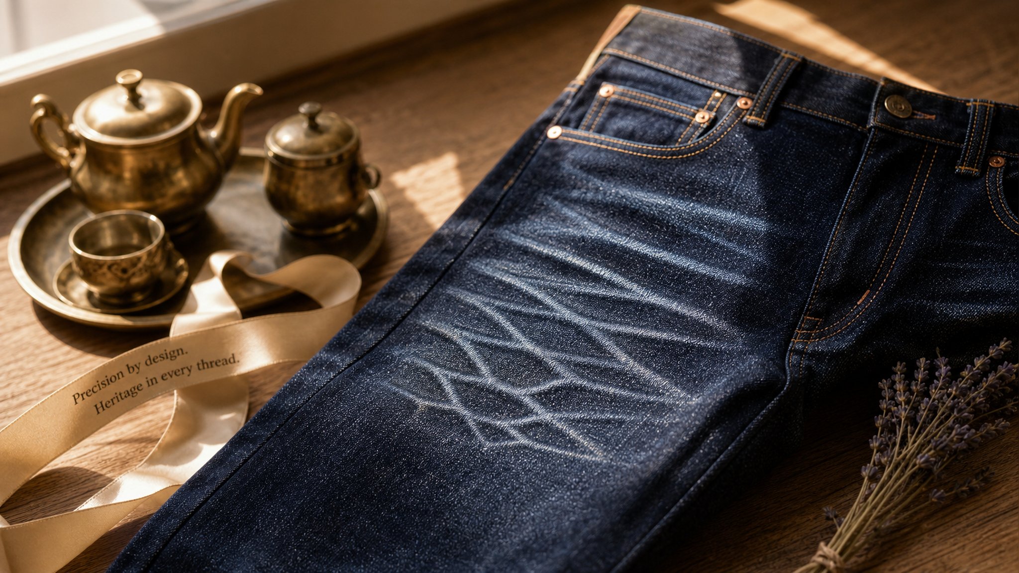 A stack of indigo jeans, one hanging on a wooden hanger, beside a tailor's measuring tape on a light surface in soft natural