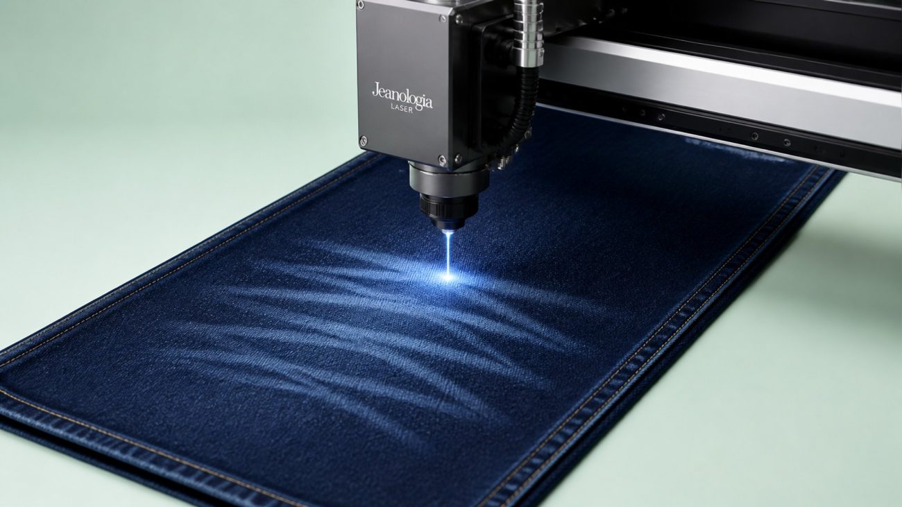 Industrial laser etches a faded whisker pattern onto dark indigo denim inside a clean modern factory