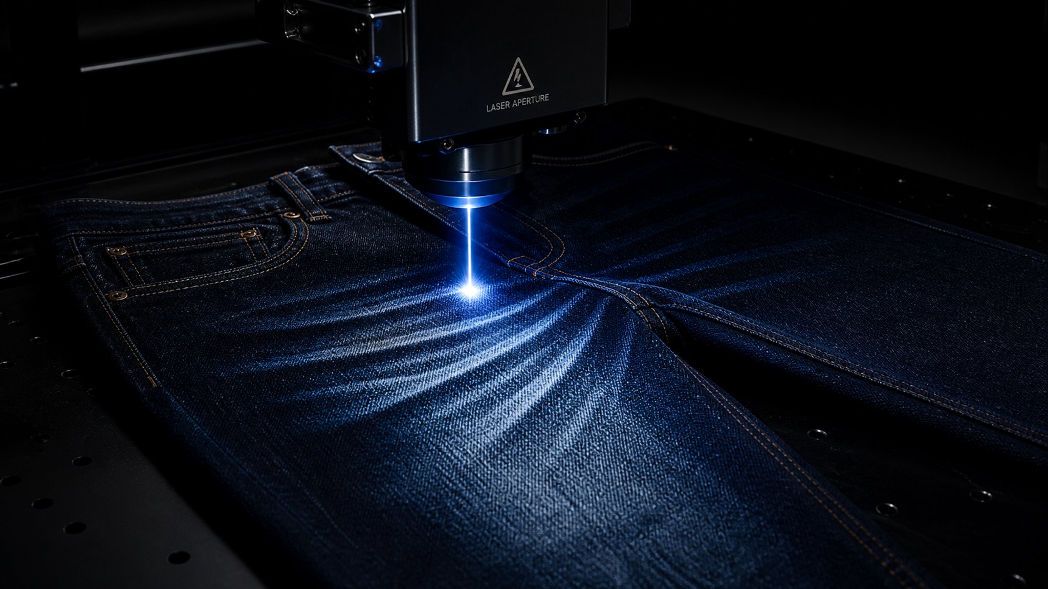 A folded stack of raw indigo jeans rests on a white wooden surface beside a tailor’s tape, bathed in soft natural light