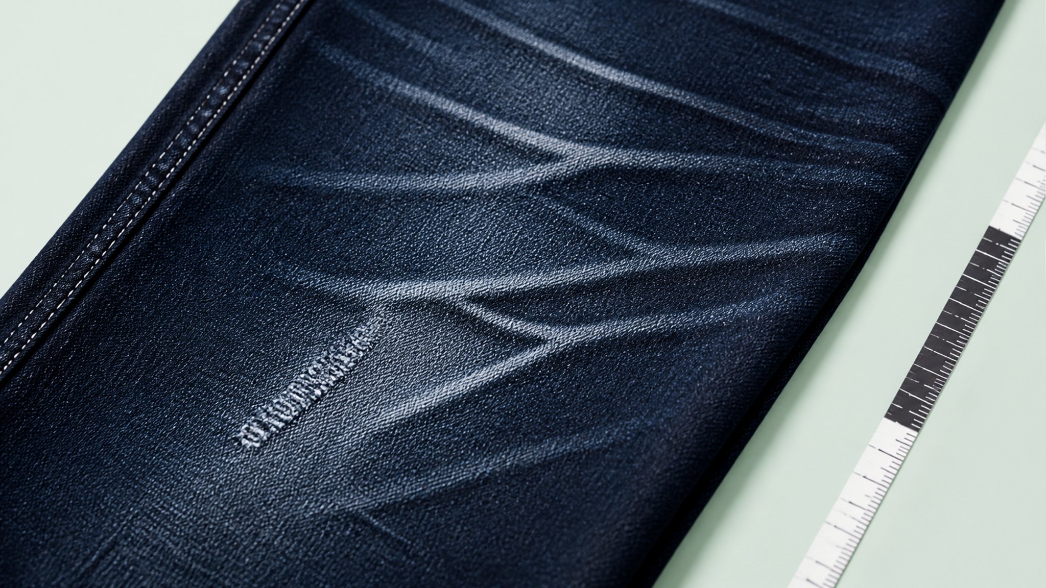 Stack of indigo jeans on wooden hanger beside tailor tape in soft natural light