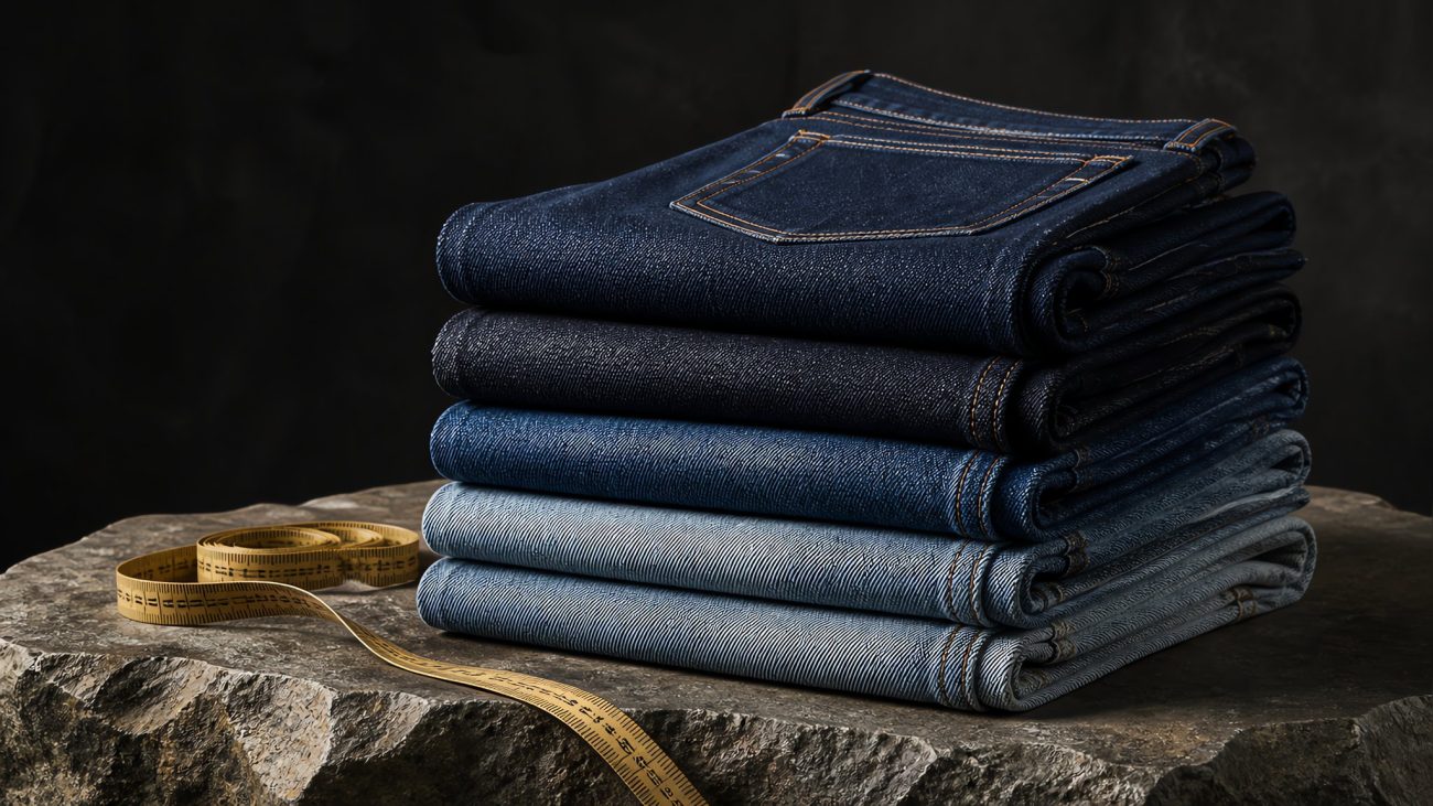 Folded stack of indigo jeans beside a wooden hanger and tailor tape on a pale linen surface