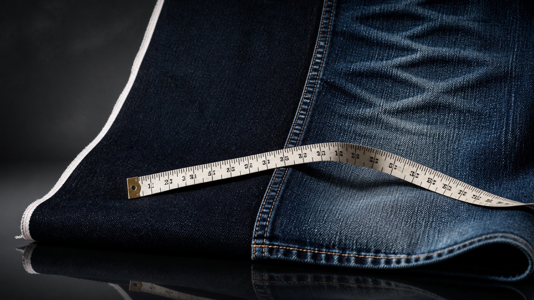 Stack of raw indigo jeans with one pair on a wooden hanger, tailor's measuring tape draped across, soft natural light on a da