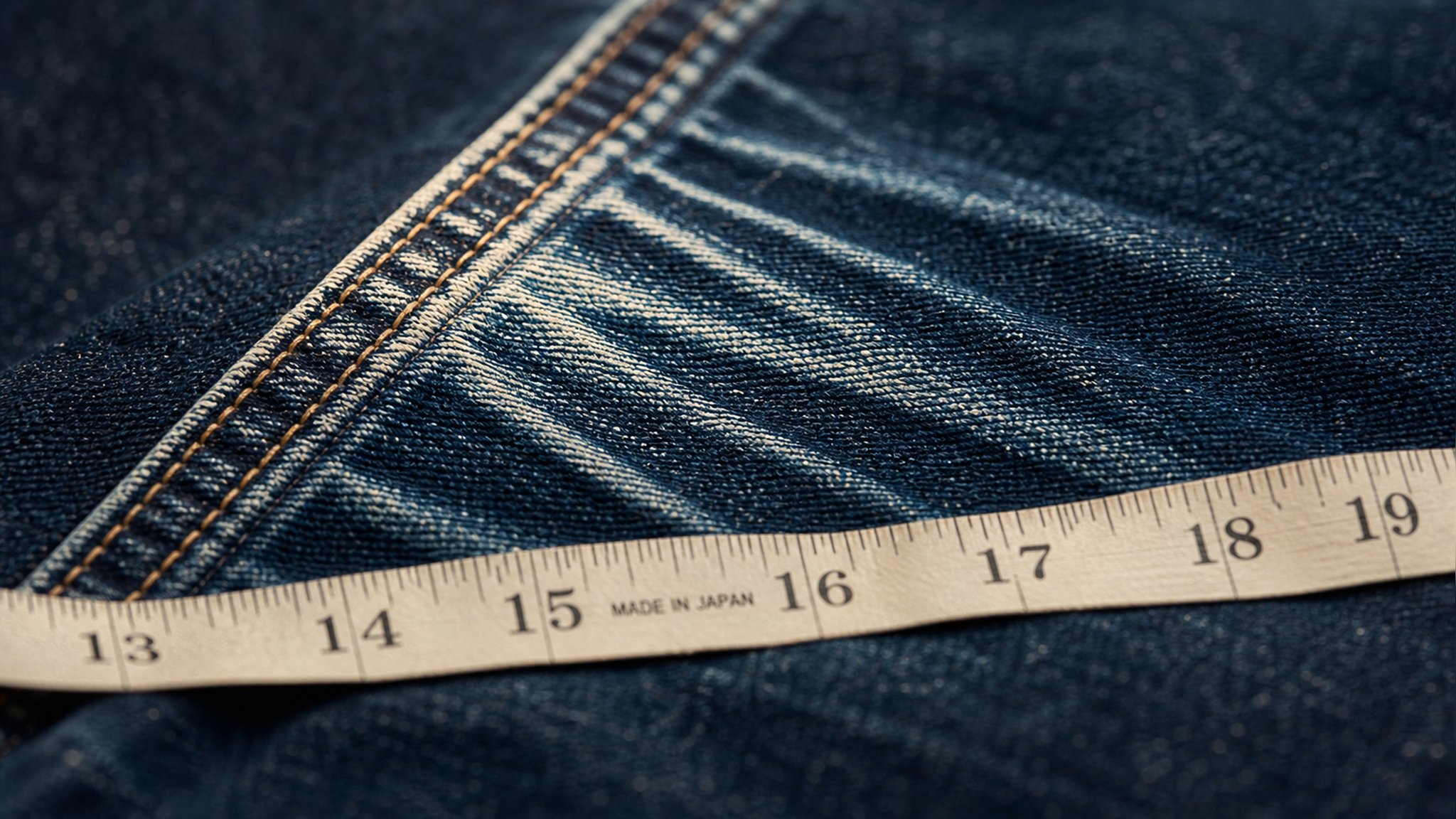 A folded stack of indigo jeans beside a wooden hanger and tailor's measuring tape, softly lit in a minimalist setting