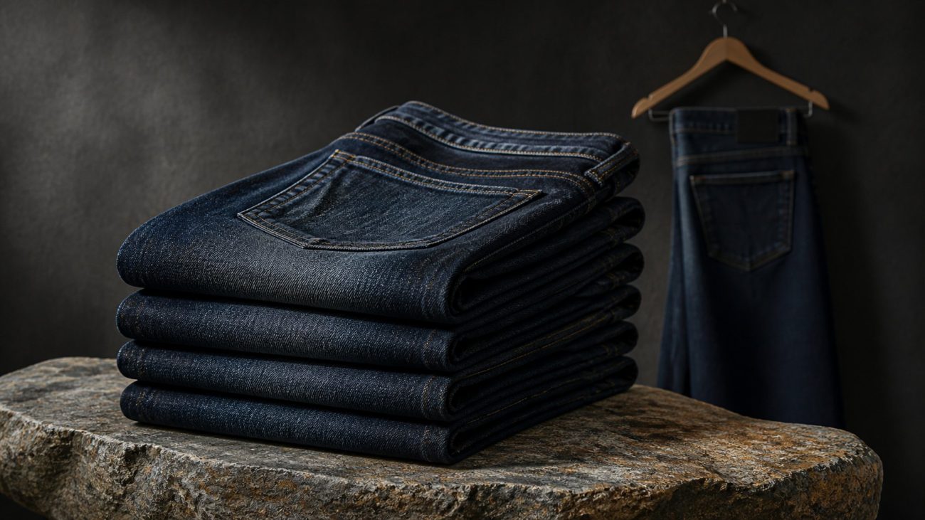 Stack of neatly folded indigo jeans on a wooden hanger beside a tailor's measuring tape, soft natural light