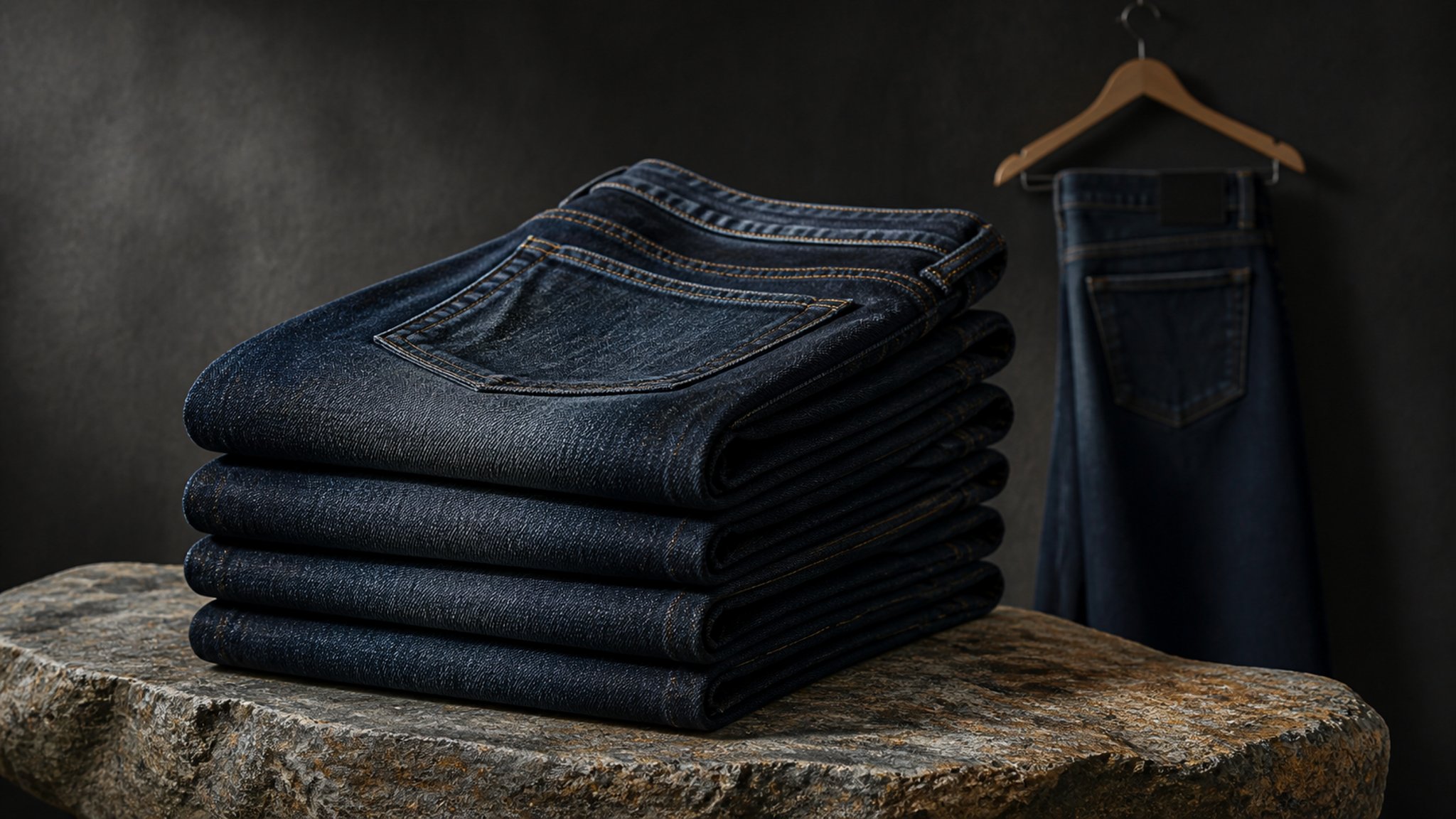 Stack of neatly folded indigo jeans on a wooden hanger beside a tailor's measuring tape, soft natural light