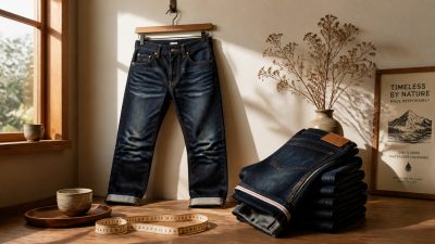 A neatly folded stack of indigo jeans on a wooden shelf, soft daylight from a window, minimalist eco studio mood