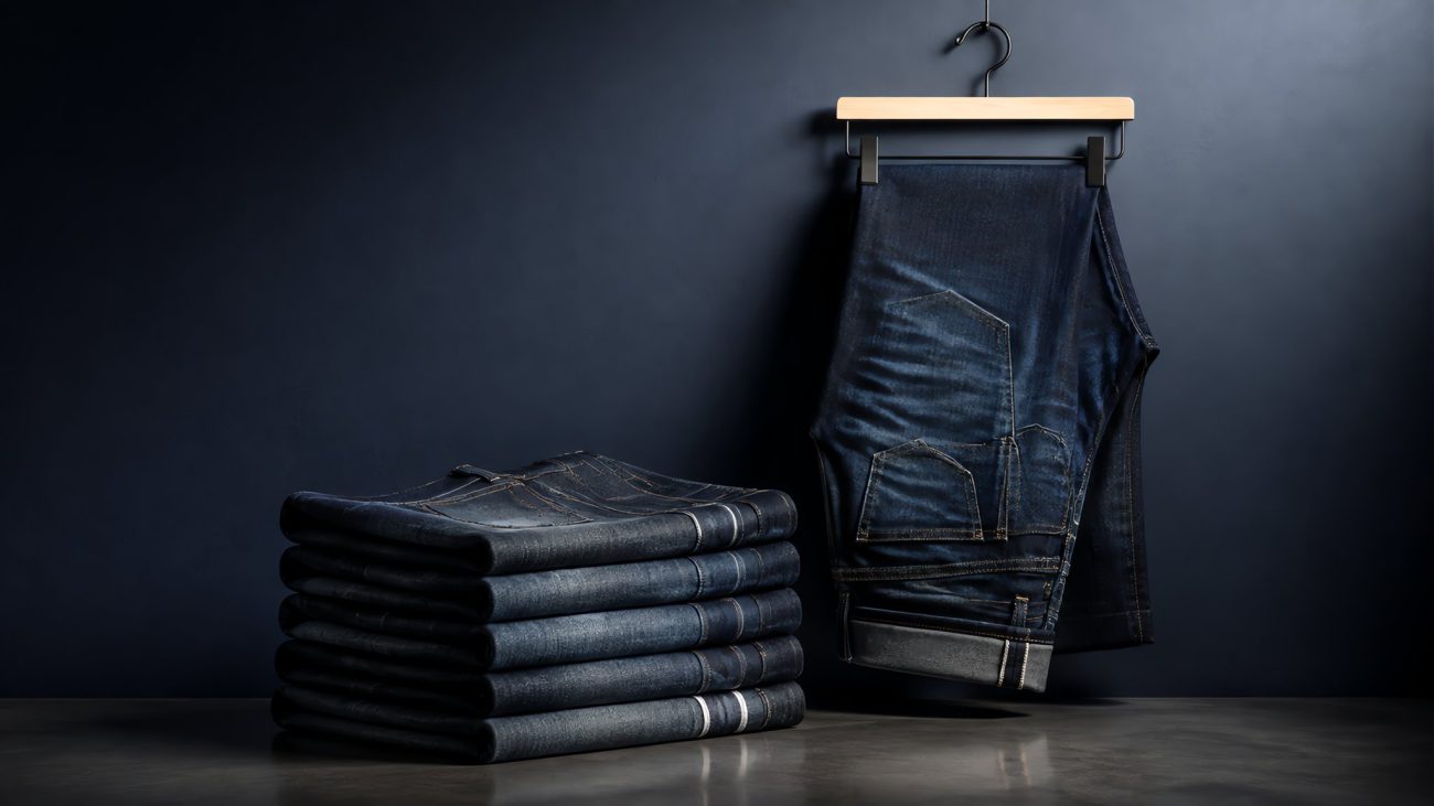 Stack of neatly folded indigo jeans on a wooden table beside a tailor's measuring tape, soft light, minimalist