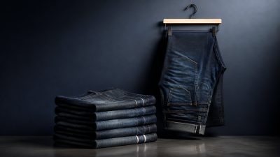 Stack of neatly folded indigo jeans on a wooden table beside a tailor's measuring tape, soft light, minimalist