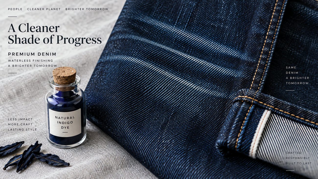 Stack of indigo jeans with a tailor's measuring tape on a rustic wooden table in soft natural light