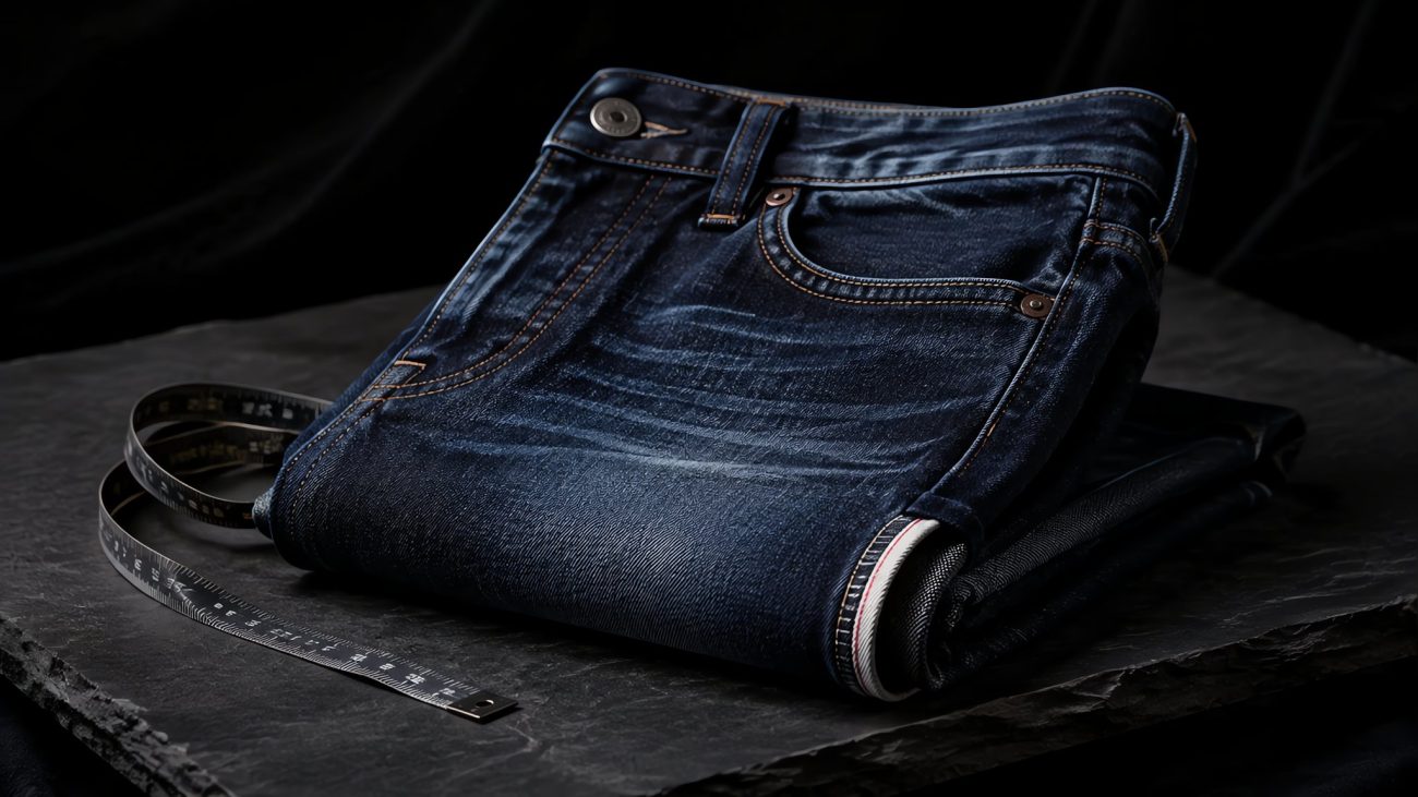 Stack of folded indigo jeans with wooden hanger and measuring tape on a rustic table