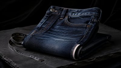Stack of folded indigo jeans with wooden hanger and measuring tape on a rustic table