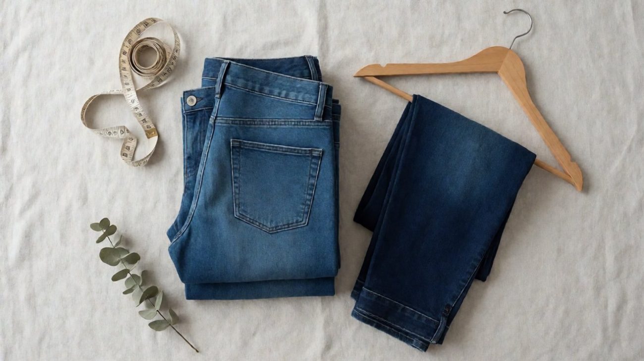 Neatly folded stack of indigo jeans on rustic wooden table beside a tailor tape measure in soft natural light