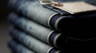 Stack of indigo jeans on a wooden shelf beside a tailor's measuring tape in soft natural light