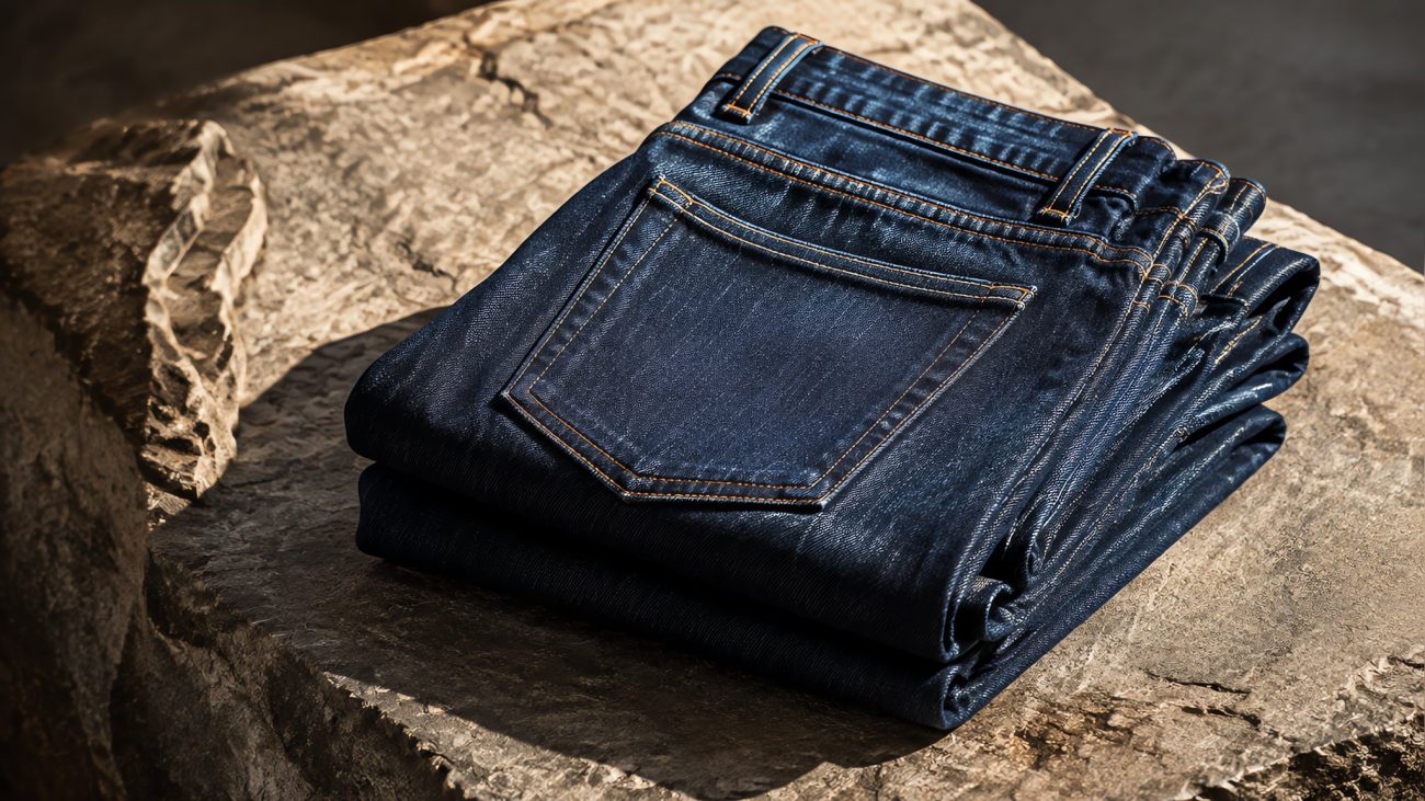 Folded stack of indigo jeans on wooden hanger beside measuring tape in soft natural light