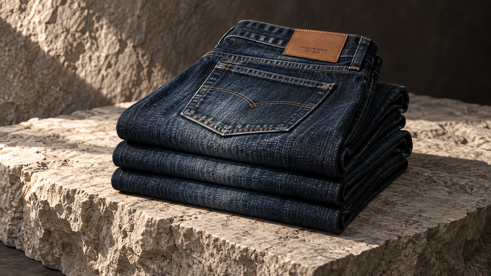 Folded stack of indigo denim jeans on a wooden shelf beside a tailor tape, soft daylight casting gentle shadows in a muted mi