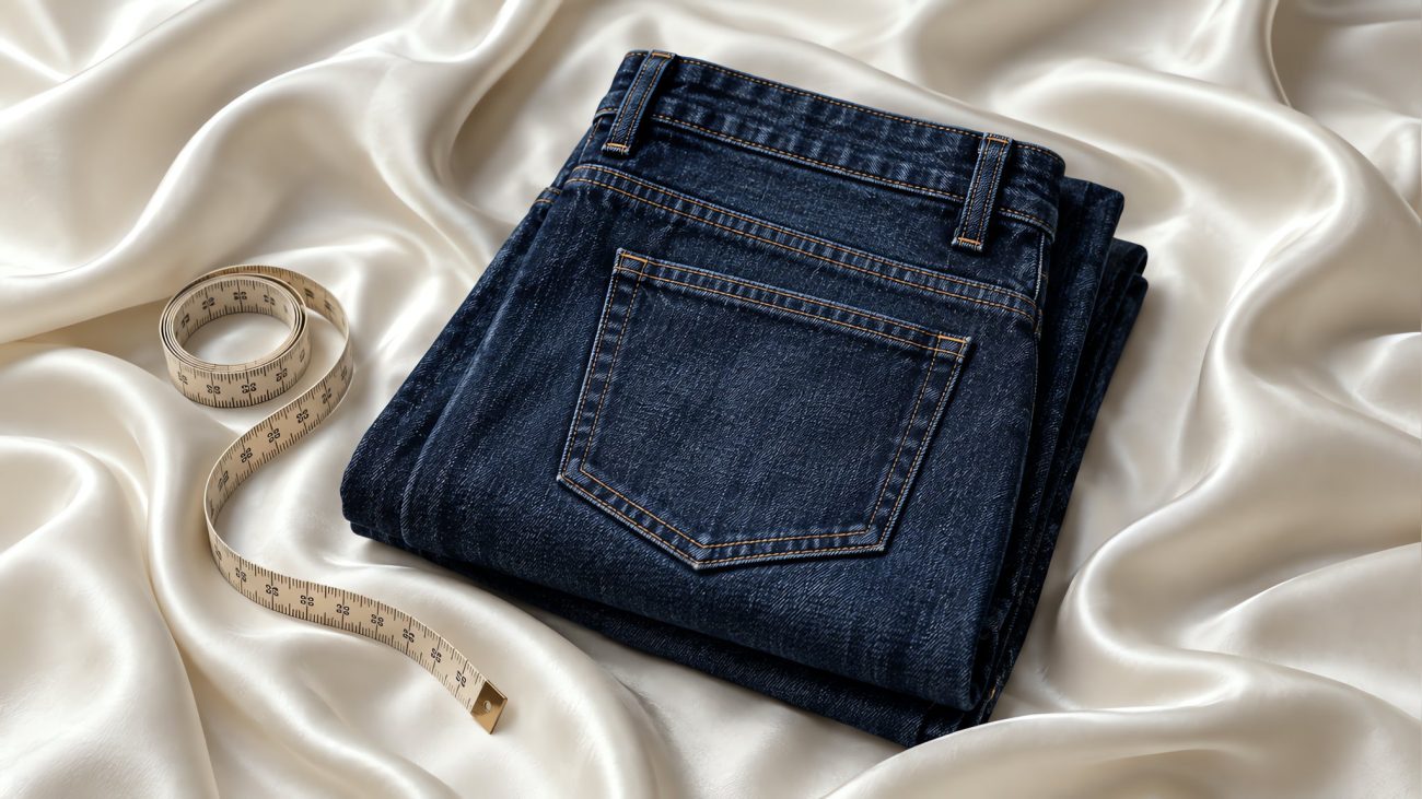 Neatly folded stack of indigo jeans with a wooden hanger and tailor tape on a clean surface in soft natural light