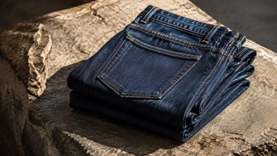 Folded stack of indigo jeans on wooden hanger beside measuring tape in soft natural light