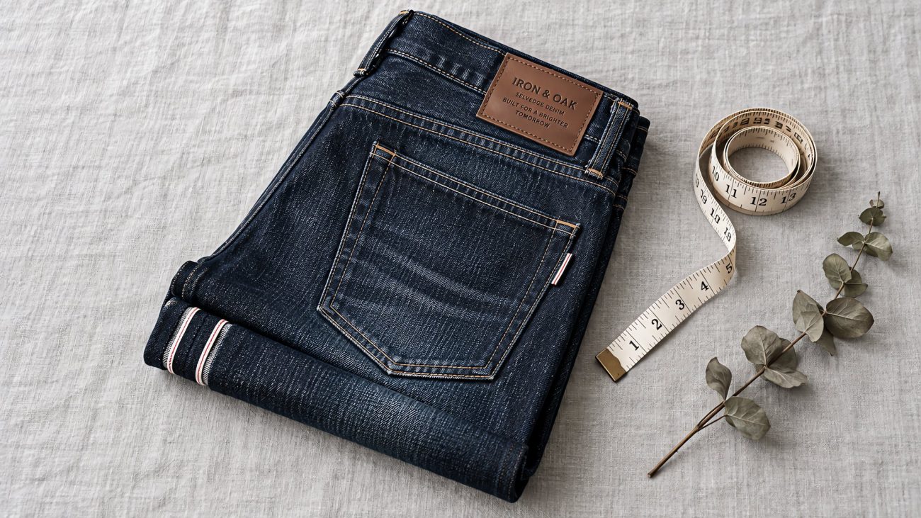 Stack of indigo jeans beside tailor tape on light wood, soft shadows, muted minimalist scene