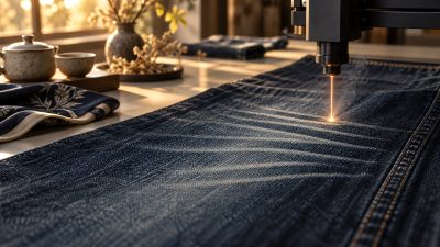 Industrial laser etching indigo fade patterns onto denim in a clean modern workshop, soft light, muted tones